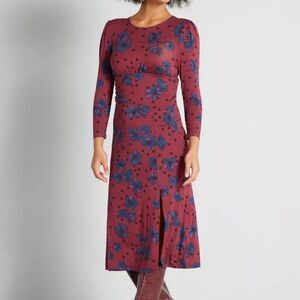NWT Stargazing in the Primroses Midi Dress Burgundy Floral Star Print Jersey